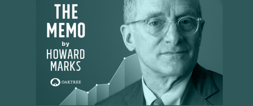 Promotional graphic for 'The Memo' by Howard Marks, featuring a grayscale portrait of Howard Marks with a rising line chart in the background and the Oaktree Capital logo.