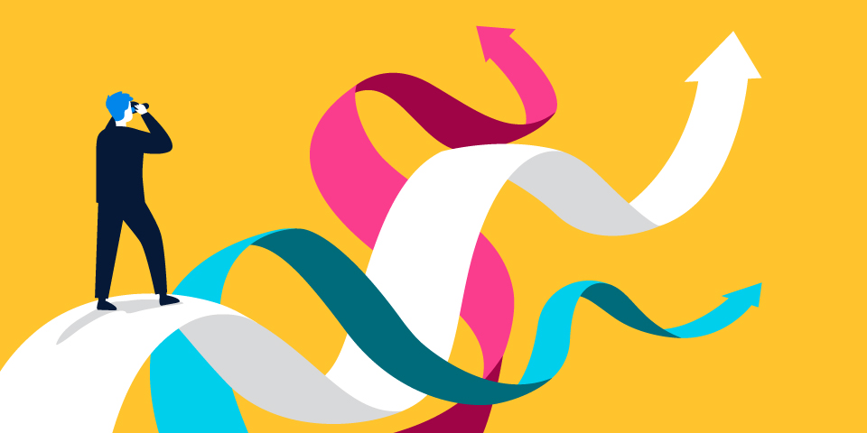 Illustration of a person looking through binoculars at multiple upward arrows representing different career or business growth paths on a bright yellow background.