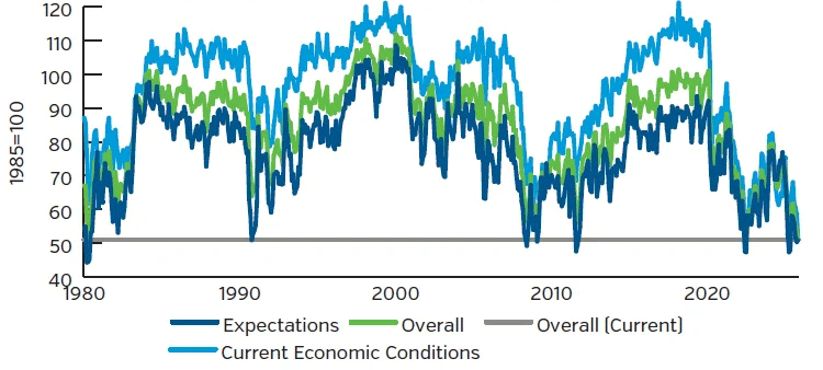 Graph showing oscillating consumer sentiment indicators from 1980 to 2025