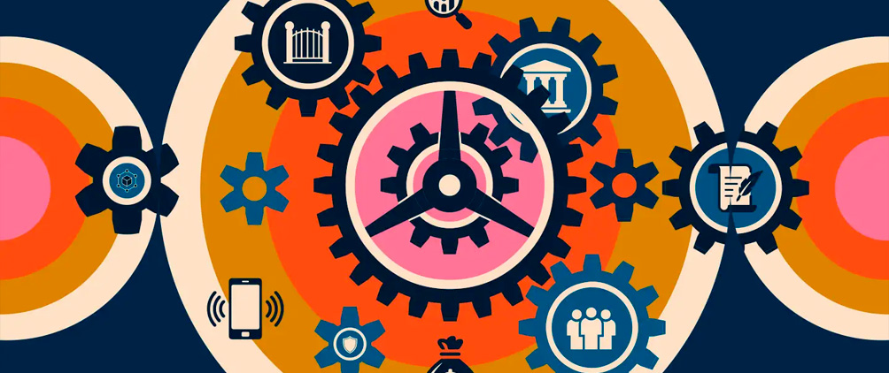 Illustration of gears, financial icons and economic systems representing frontier markets, capital markets and global investment opportunities.