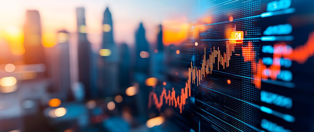 City skyline with digital market data and investment chart overlays representing P&C insurer portfolio trends and investment strategy.