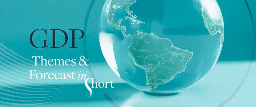 Teal globe graphic representing global GDP themes, regional economic forecasts and macroeconomic outlook.