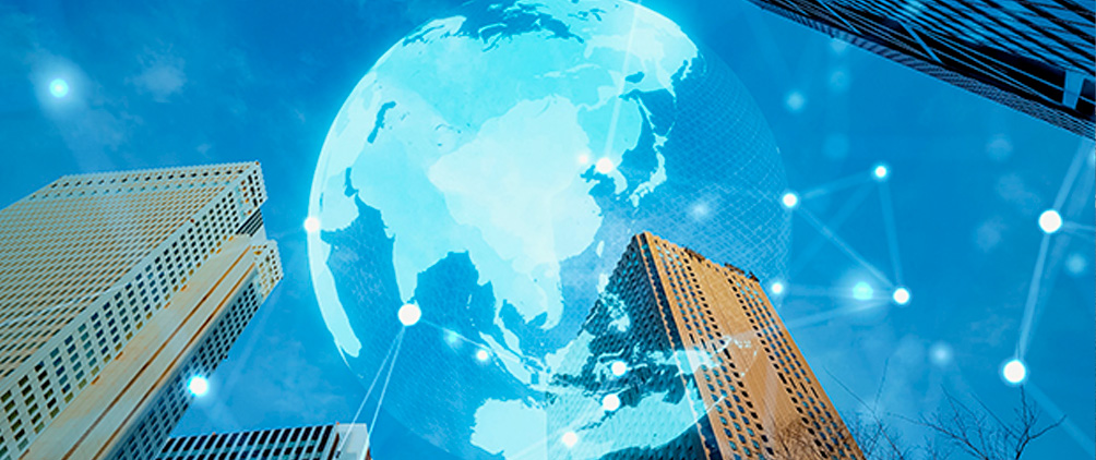 Global digital network overlaying city buildings representing emerging markets debt, AI investment trends and portfolio diversification.