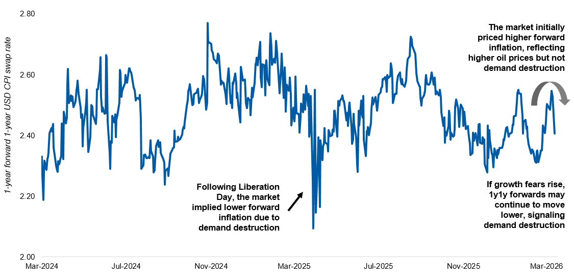 Chart showing 1y1y inflation swap data and demand destruction signals amid higher oil prices.