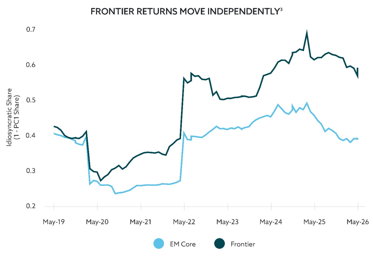 Line chart showing the idiosyncratic share of emerging market core debt compared to frontier markets.