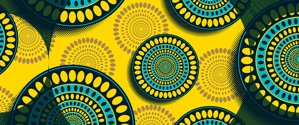 Abstract circular geometric patterns in yellow, teal and dark green.