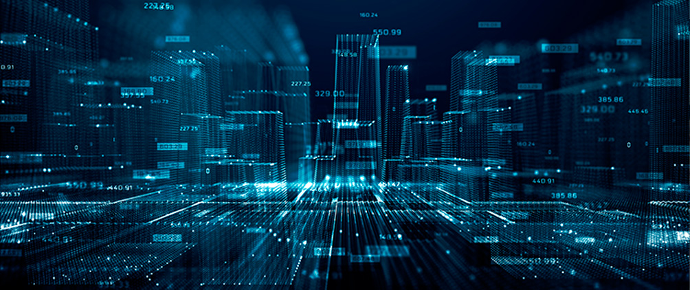 Digital cityscape with financial data and market figures displayed across a blue grid.