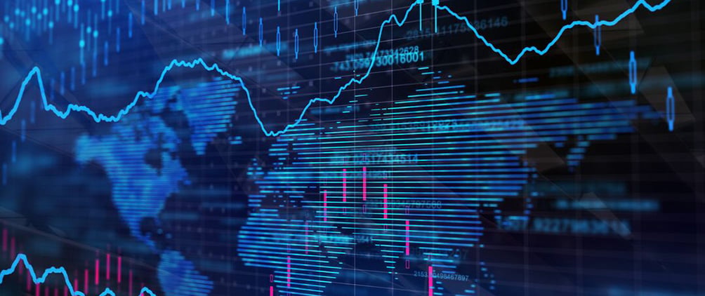 Global financial market charts and fixed-income data displayed over a digital world map.