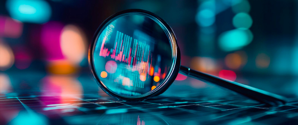 Magnifying glass over a glowing financial chart on a blurred blue and pink background.