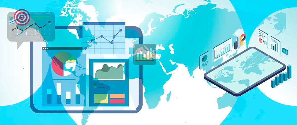 Global map illustration with financial charts and data dashboards representing emerging markets investment analysis.