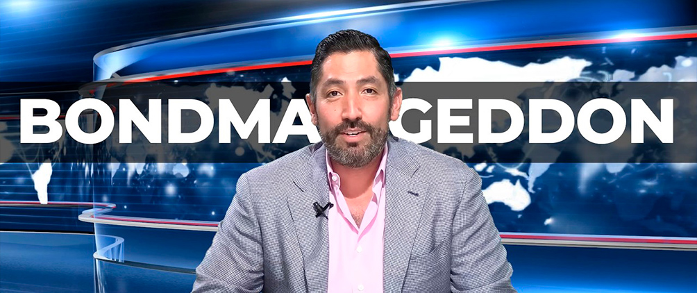 DoubleLine Channel 11 host seated in a studio with “Bondmageddon” displayed behind him.