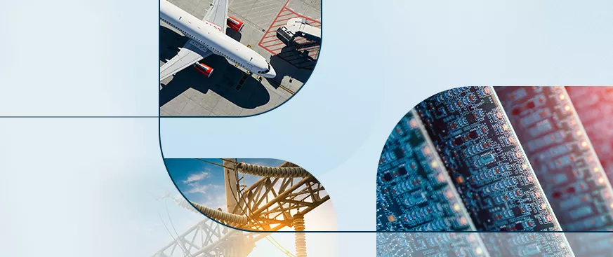 Abstract collage featuring an airplane at an airport gate, an electricity transmission tower with power lines, and a close-up of computer circuit boards, arranged within curved shapes on a light blue background.