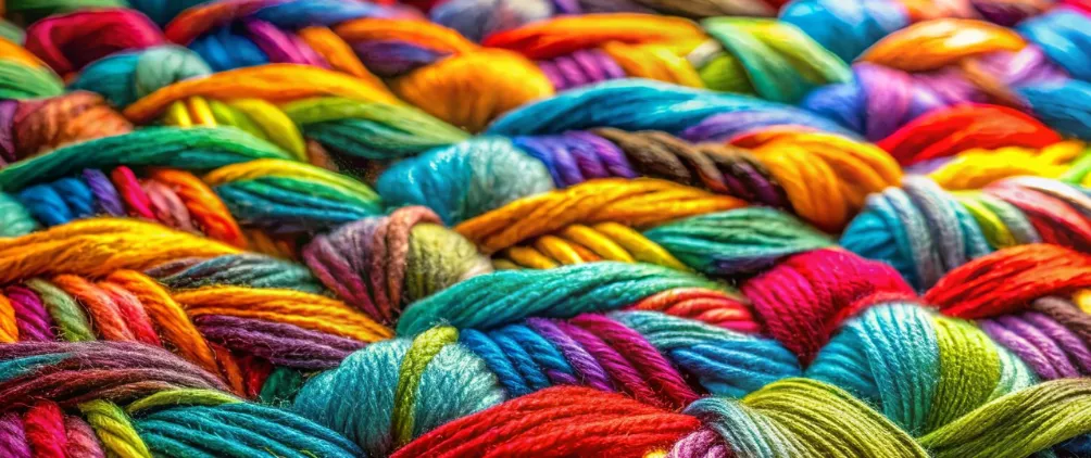 Close-up of colorful yarn strands woven together, showcasing bright, vivid hues and a textured surface.