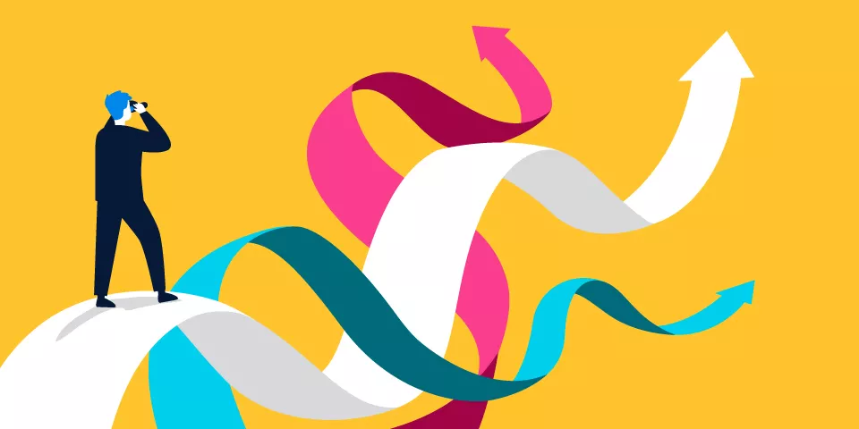 Illustration of a person looking through binoculars at multiple upward arrows representing different career or business growth paths on a bright yellow background.