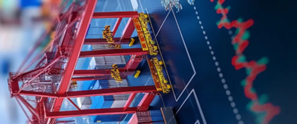 Shipping port with red cranes loading cargo containers, overlaid with financial stock market graph representing global trade and logistics.