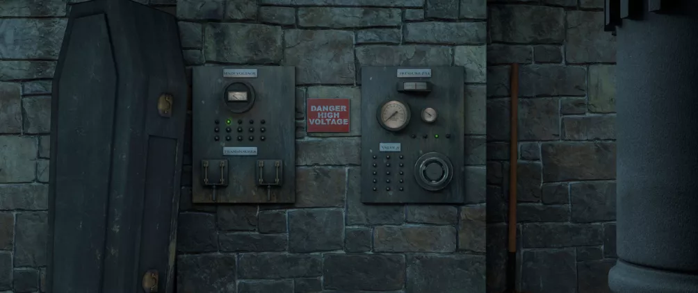 old-fashioned electrical control panel mounted on a stone wall.