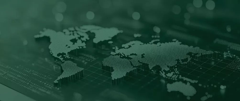 Digital world map made of data points and grids, representing global technology, analytics, and network connectivity.