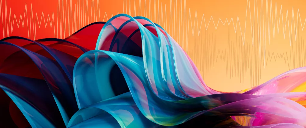 Abstract flowing shapes in vibrant blue, red, and pink with waveform patterns in the background.