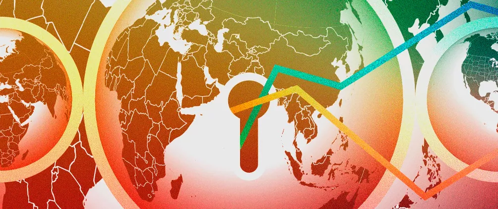 Global map with rising market lines representing higher geopolitical risk, inflation pressure, commodities, and global investment strategy.