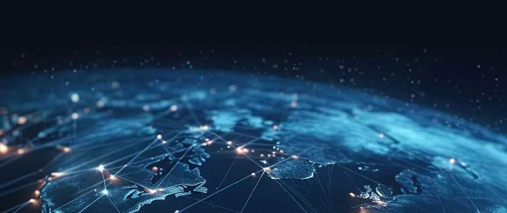 Digital global network map representing Nuveen’s Q2 2026 global real estate trends and market outlook.