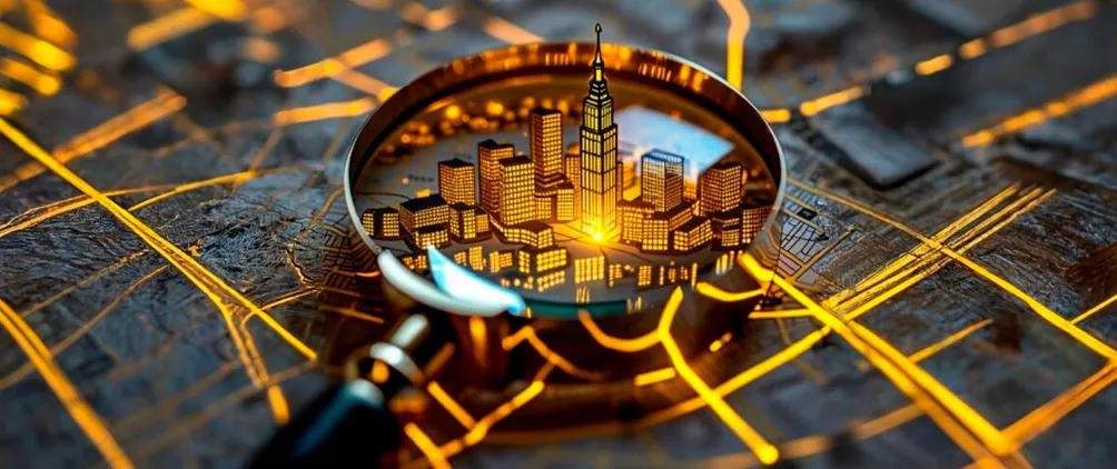 Magnifying glass over a city map representing AEW’s analysis of real estate credit, private credit, and capital preservation.