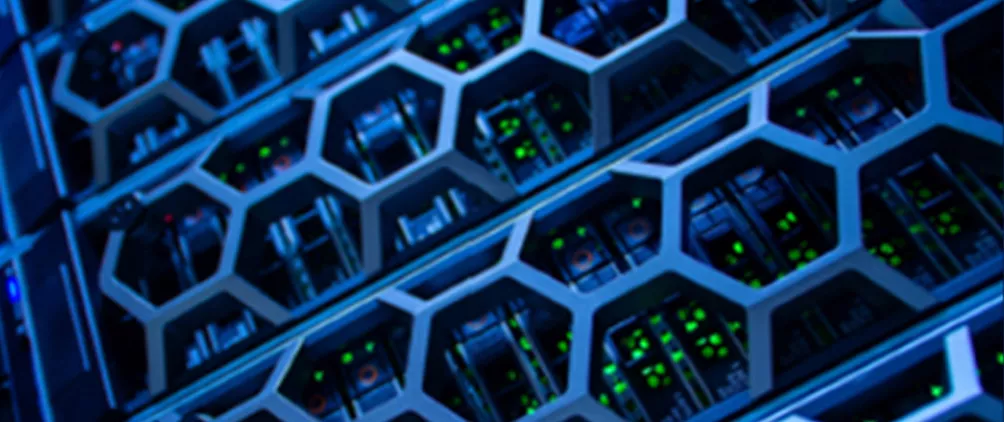 Blue server hardware representing software disruption, AI infrastructure, and private credit underwriting implications.