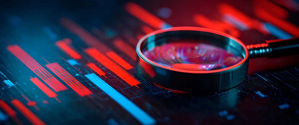 Magnifying glass over red and blue market charts representing fixed income analysis, economic data and market outlook.